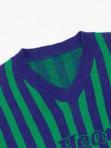 Jouncy Suéter holgado de mujer con cuello en V, estampado de rayas y mangas largas, para otoño/invierno - Verde Oscuro - Ver 7