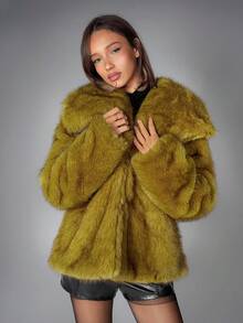 SHEIN ICON 女式黑色浸染绿色仿皮草夹克，秋冬 - 綠色 - 查看 4