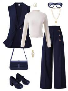 3pcs/Set Casual Sleeveless Blazer Jacket (With Long Sleeve Top And Pants) For Teen Girl Suitable For Everyday Casual And Commuting Wear