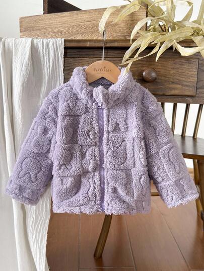 Vintaside Kids Babygirl Infant & Baby Girl Plush Stand Collar Long Sleeve Simple & Fashionable Jacket, Suitable For Outdoor Travel, Vacation Or Casual Daily Wear, Autumn/Winter