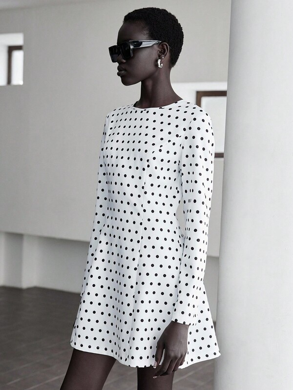 Lumivelle Vestido de lunares con cuello redondo y cintura ceñida, estilo minimalista de otoño (patrón asimétrico impreso)