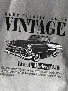 Manfinity Joysei 标准尺寸男士复古汽车图案灰色 T 恤，海军蓝色袖子撞色设计，适合夏季、郊游、学校、朋友礼物 - 彩色 - 查看 2