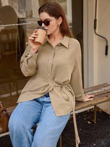 Easura Plus Size Women's Solid Color Drop Shoulder Long Sleeve Side Knot Casual Commuter Shirt