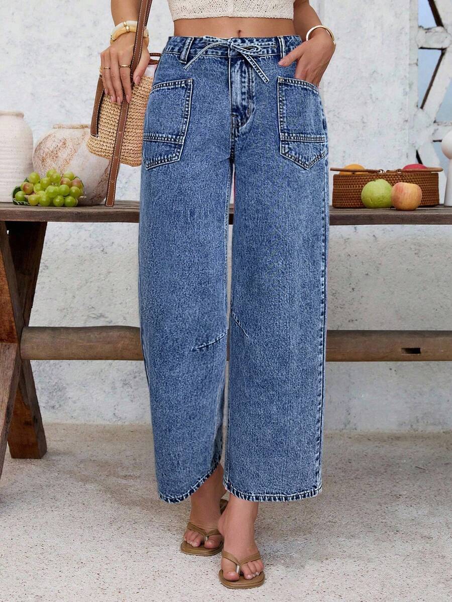 EMERY ROSE Women's Casual Low Waist Pink Cropped Jeans Baggy Jeans Y2k Cowgirl Jeans Barrel Jeans Wide Leg Jeans Woman Loose Jeans - Medium Wash - View 1