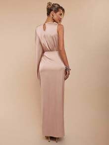 COSMINA Đầm dài tay xếp ly xẻ cao thanh lịch màu trơn dành cho nữ - Bụi hồng - Xem 2