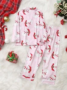 Young Girl Cute Santa Claus Print Satin Girls Pajamas, For Christmas - Multicolor - View 2