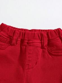 SHEIN Baby Boy Solid Color Distressed Denim Jeans, Casual & Minimalist, Suitable For Autumn/Winter - Red - View 4