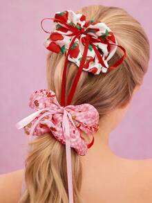 Strawberry Shortcake X SHEIN 2 件装时尚甜美粉色发圈，光滑柔软缎面材质，大号头饰，草莓格纹蝴蝶结发带，发圈发绳，适合扎马尾辫，日常使用，也是送礼佳品。 - 彩色 - 查看 2