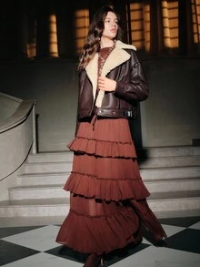 Anewsta Savoree 女式休闲宽松拉链机车夹克，带毛领，秋冬 - 酒紅色 - 查看 7