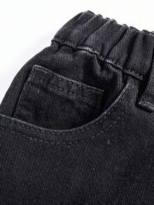 SHEIN 青少年男孩做旧个性简约百搭全马破洞时尚街头趣味防风舒适直筒牛仔裤秋冬 - 黑色 - 查看 5