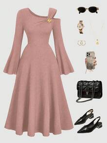 Elenzga Maxi-Kleid für Damen Große Größen, einfarbig, gestrickt, gerippter asymmetrischer Schulter, Rüschenärmel, figurbetonter eleganter Partykleid