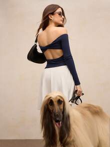 Activina Off Shoulder Twist Back Sleeveless Sports T-Shirt - Navy Blue - View 1