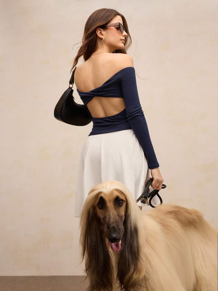 Activina Off Shoulder Twist Back Sleeveless Sports T-Shirt - Navy Blue - View 1