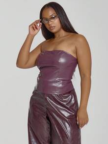 MUSERA Plus Fitted Faux Leather Bandeau Top Cool Girl, Going Out, Sexy, Party, Festive, Holidays, Night Out Festival Spring Summer - Burgundy - View 2