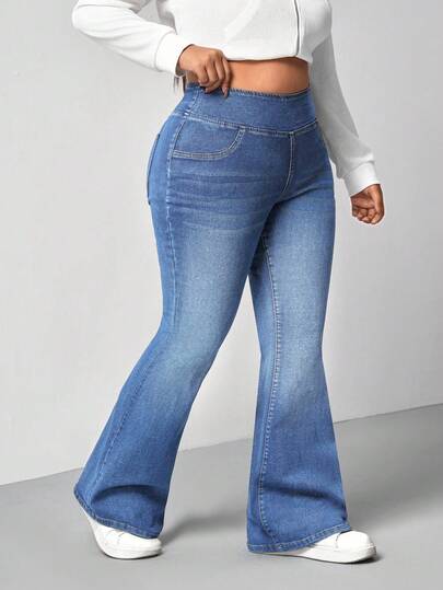 Firerie Plus Size Casual Blue Skinny High Waist Flare Leg Jeans