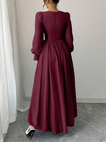 Modelyn 法式设计方领系带束腰女式连衣裙 - 酒紅色 - 查看 2