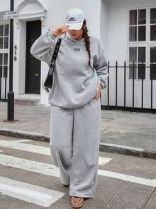 Muchica Bộ 2 món áo hoodie và quần nỉ thể thao ngoài trời thường ngày thu/đông 2025 mới, đa năng, dáng rộng, màu xám, cỡ lớn - Màu Xám nhạt - Xem 7