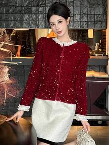 DAZY Damen elegante Kontrast-Farbige Pailletten Patchwork Bluse, Herbst Weihnachten Langarm Top Karneval - Bordeaux - Übersicht 7
