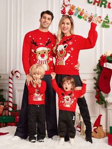 SHEIN Family Matching Outfits Mommy And Me (4 Pieces Sold Separately) Baby Boy Baby Girl Casual Cute Christmas Reindeer Antler Santa Hat Christmas Reindeer Red Ugly Christmas Sweater Crew Neck Knit Pullover Suitable For Autumn/Winter, Home, Outings, Christmas Party, Festival, Christmas Jumper, Christmas Party, Christmas Sweater, Winter Clothes, Long Sleeve Top - Red - View 1
