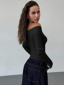 Aloruh Sweater Rajut Wanita Terbaru Musim Gugur/Dingin, Model Bahu Terbuka, Bergaris Vintage, Lengan Panjang, Atasan Hitam - Hitam - View 6