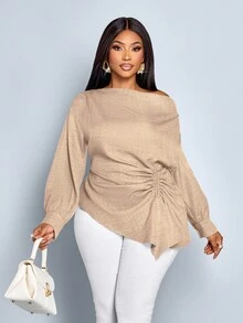 SOLERSUN Áo cánh thời trang mùa thu đông màu trơn tay dài không đối xứng, cổ bẻ, dây rút bên hông, viền bất đối xứng, vải dệt màu xanh lam, dùng để mua sắm và hẹn hò cho nữ cỡ lớn - Màu Khaki - Xem 7