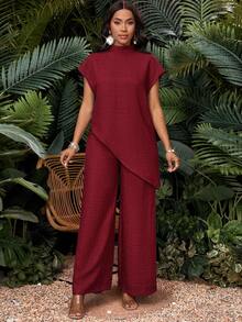 SHEIN Lady 女式纯色立领不对称下摆蝙蝠袖衬衫和阔腿裤休闲两件套 - 酒紅色 - 查看 8
