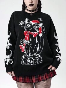 ROMWE Gothic Dark Mysterious Cat Skeleton Christmas Intarsia Loose Pullover Sweater - Black - View 5