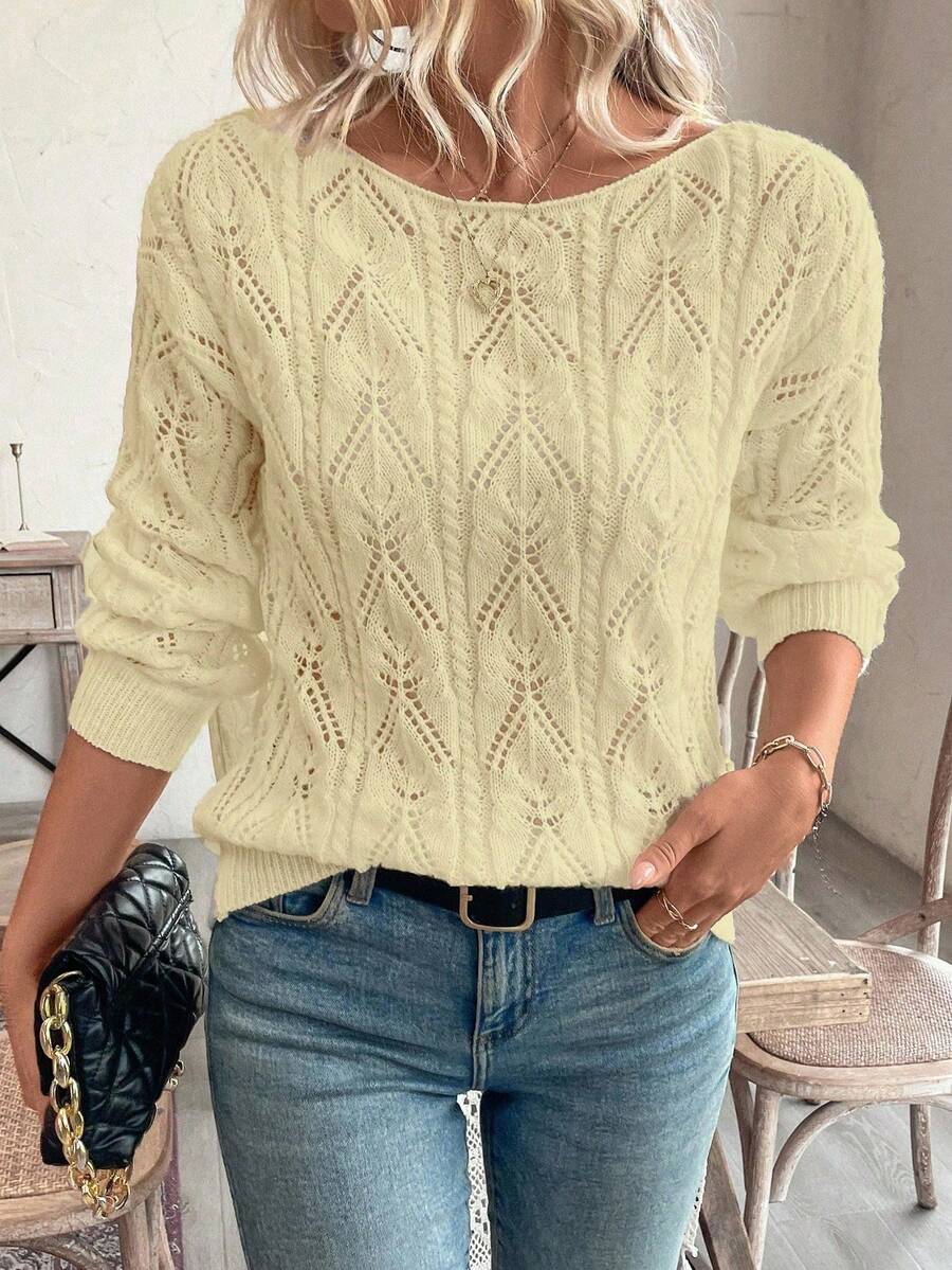 EMERY ROSE Suéter holgado con escote descubierto, estampado floral hueco, estilo casual de vacaciones