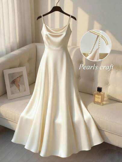 SHEIN Franclia Vestido de satén elegante con brillo perlado para mujer, silueta en línea A, adecuado para ir al trabajo, fiestas y eventos