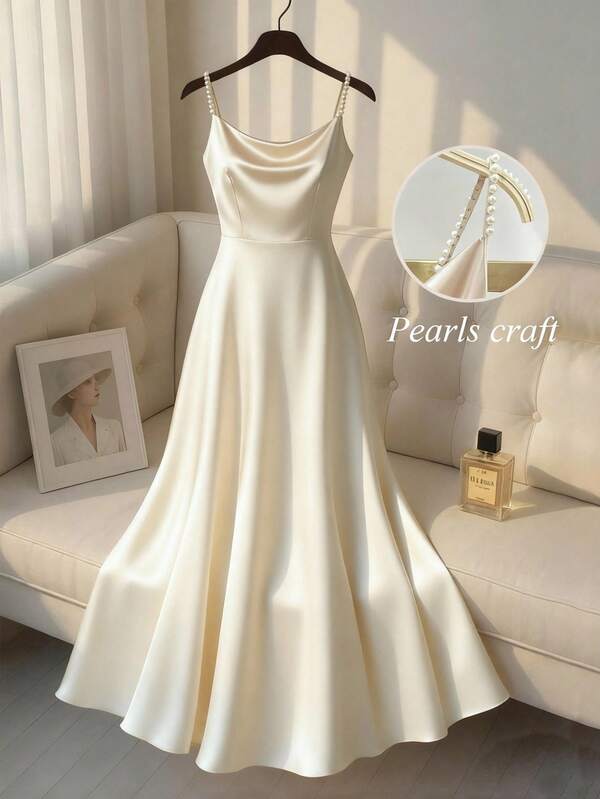 SHEIN Franclia Women's Elegant Satin Sheen Pearl Slip Dress, A-Line Silhouette, Suitable For Commute, Party, And Events