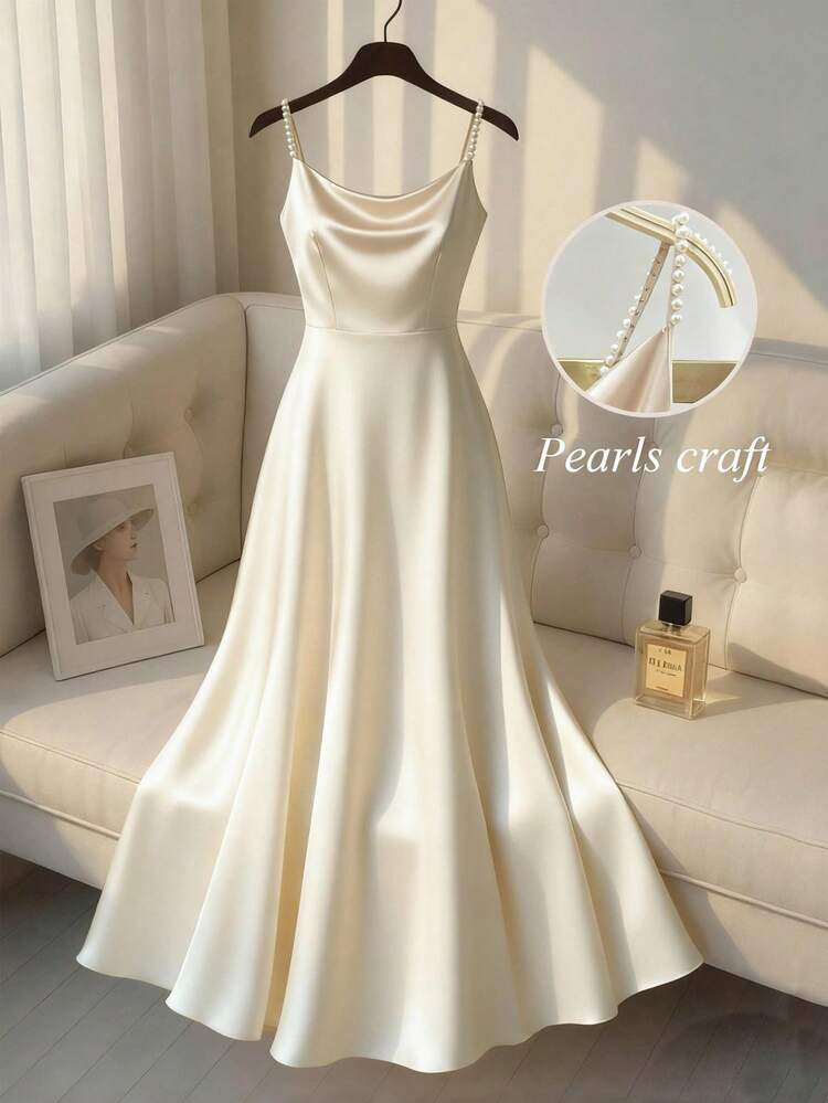 SHEIN Franclia 女性用エレガントなサテンシーンパールスリップドレス、Aラインシルエット、通勤、パーティー、イベントに適しています - ベージュ - 見る 1