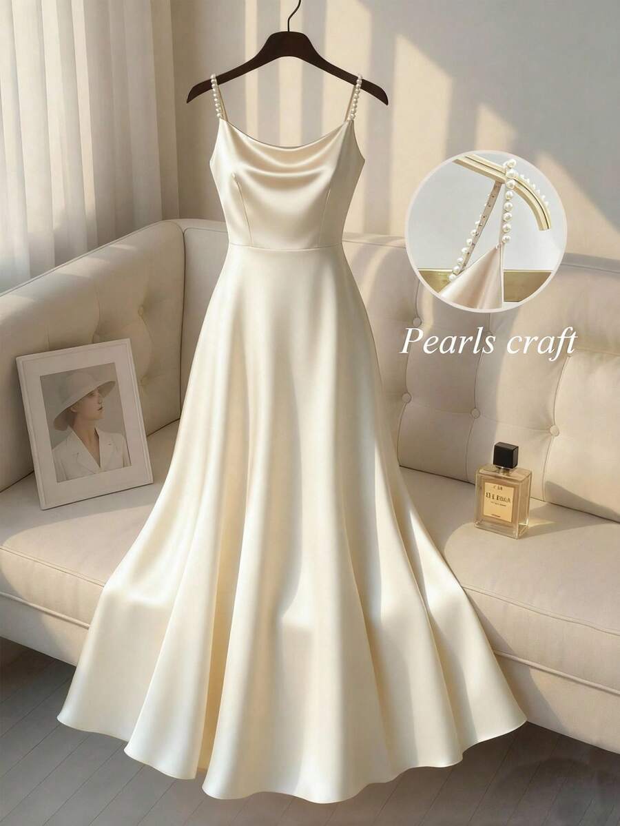 SHEIN Franclia 女士优雅缎面珍珠吊带裙，A 字廓形，适合通勤、派对和活动