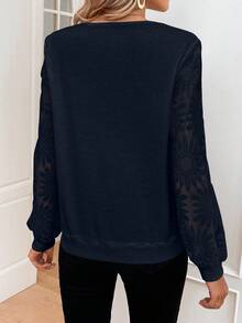 EMERY ROSE 女式休闲拼色蕾丝拼接衬衫，秋季 - 寶藍色 - 查看 2