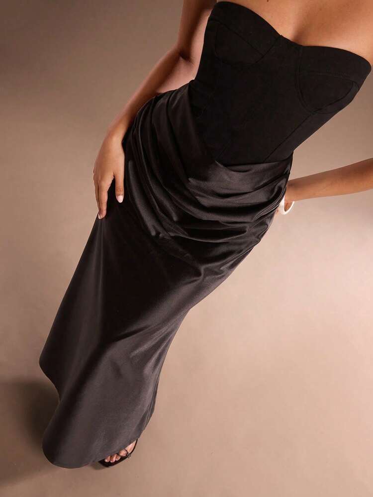 Glamine Vestido de satén de unicolor con patchwork, elegante y de corte ceñido sin tirantes estilo sirena, adecuado para Año Nuevo, Navidad y reuniones familiares - Negro - Añade 1