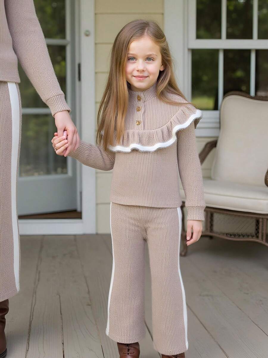 PrepCrw 2pcs Young Girls Elegant Urban Versatile White Trim Ruffle Collar Loose Fit Sweatshirt And Khaki Side Panel White Pants Set, Suitable For Casual Outings, Gatherings, Holidays, Autumn And Winter Young Girl Pant Set Girls Pant Suit Flare Pants Set Kids Girl S Spring And Autumn Suit - Khaki - View 1
