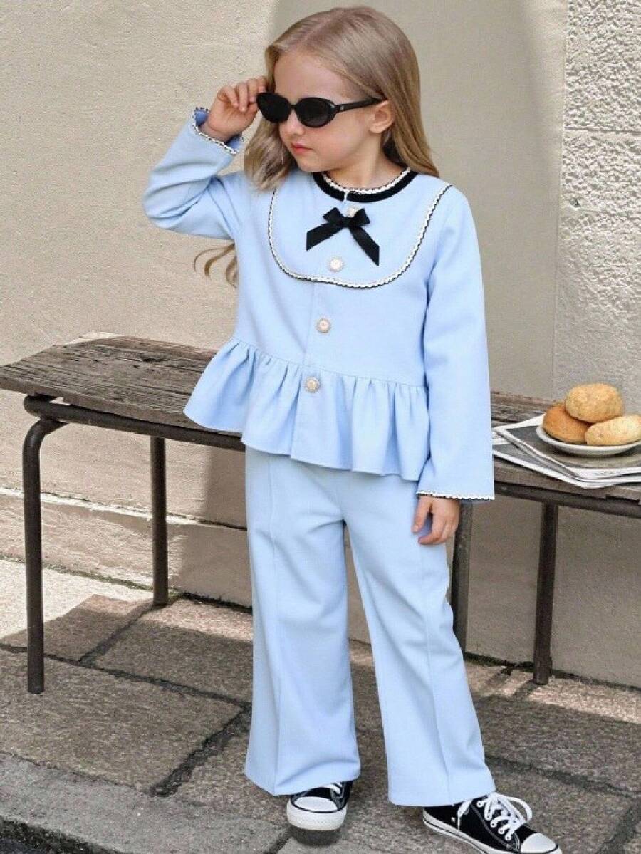Elladie kids 年轻女孩优雅时尚蕾丝边蝴蝶结装饰荷叶边下摆夹克和喇叭裤可爱套装 - 淺藍色 - 查看 1
