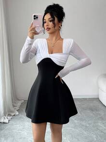 Modelyn French Elegant Design Patchwork Cinched Waist Light Cocktail Dress - Black and White - View 6