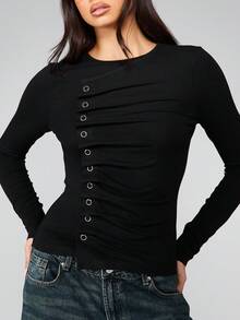 MISSGUIDED Áo tay dài cài nút có lỗ kim loại và thiết kế nhún phía trước cho trang phục thường ngày mùa đông - màu đen - Xem 5