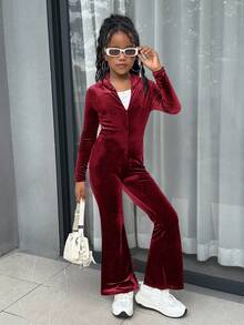 SHEIN 青少年女孩秋冬休闲时尚百搭针织天鹅绒连帽拉链后钻修身喇叭裤，周末休闲外出，节日派对，圣诞节 - 酒紅色 - 查看 4