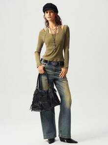 Bohemela 1 Áo thun dệt kim dài tay dáng ôm màu trơn dành cho nữ, thường ngày - xanh quân đội - Xem 7