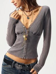 Bohemela Casual Color Block V-Neck Long Sleeve Fitted Women Top