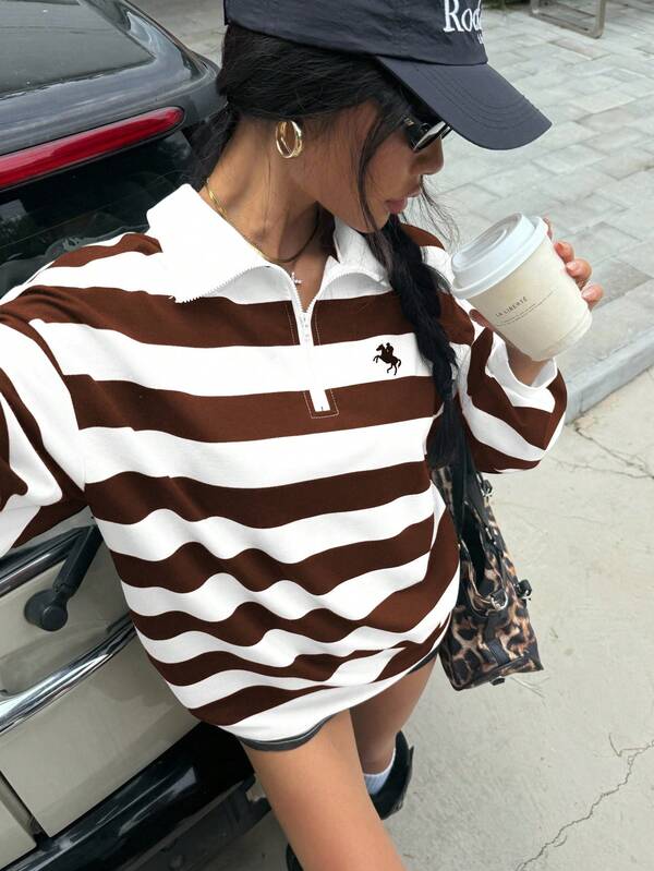 SHEIN EZwear 女式条纹学院风立领拉链宽松长袖运动衫秋冬女装