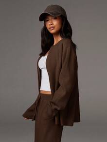 Athîral كاردجان نسائي طويل الأكمام فضفاض مريح وعملي للخريف والشتاء، كاردجان دافئ للنساء في فصلي الخريف والشتاء - بني - مشاهدة 6