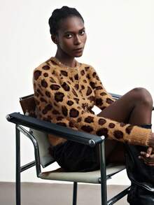 Maija Women's 2025 Leopard Print Rhinestone Fuzzy Short Fitted Cardigan, Women's Winter Sweater , Autumn Clothes, Autumn Clothes For Women, Halloween Costumes, Halloween Clothes For Women, New Year Clothes,Thanksgiving Outfit For Women,Leopard Print, Graphic Sweater, Sparkly Sweater, Brown Top