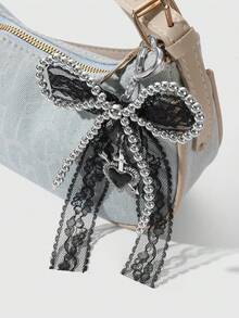 ROMWE Kawaii 1 件 Y2k 可爱哥特风格手工串珠银色 CCB 黑色蕾丝蝴蝶结滴油心形和箭头吊坠钥匙扣，适合女性日常佩戴或万圣节礼物 - 黑色 - 查看 14