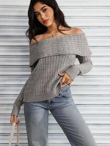 Flirla Women's Solid Color Off Shoulder Twist Knit Casual Long Sleeve Sweater - Grey - View 1