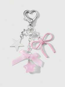 ROMWE Kawaii 1 件 Ins 风格可爱女孩优雅优质银链仿珍珠粉红丝带亚克力蝴蝶结星形钥匙扣，适合女性和女孩，日常穿着和节日礼物