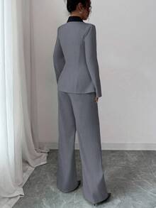 Elenzga 女士优雅通勤优雅长袖撞色腰部 A 字长套装，适合日常穿着、工作通勤和多种场合，春秋季 - 灰色 - 查看 2