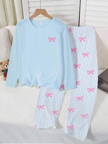 2 pezzi/set Ragazze adolescenti Elegante top a maniche lunghe con collo rotondo e fiocco blu, pantaloni casual comodi a righe blu e rosa con fiocco - Blu - Visualizzare 3