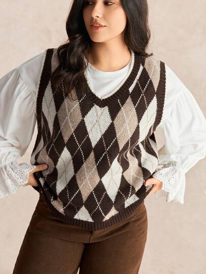 Nubod Plus Size New Arrival Popular Elegant Women V-Neck Long Sleeve Geometric Pattern Vest, Autumn/Winter